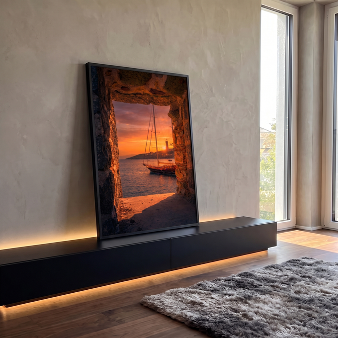Veleiro ancorado ao pôr do sol com farol, visto por janela de pedra antiga, quadro decorativo