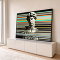 Busto de estátua grega em mármore atravessado por listras coloridas em efeito glitch, quadro decorativo