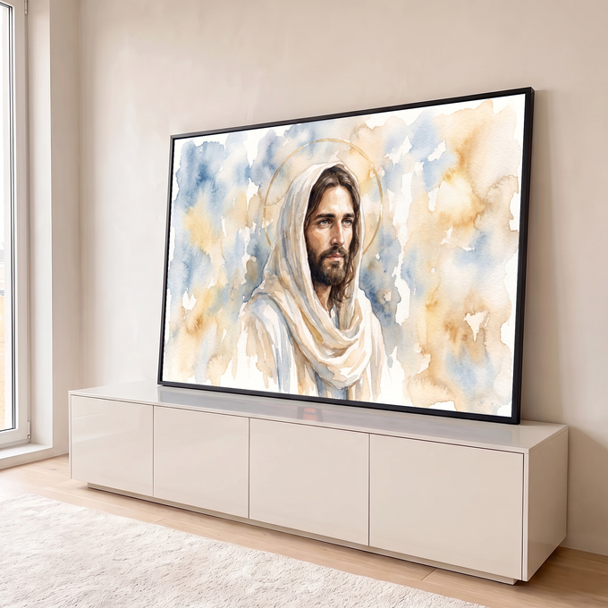 Jesus Cristo de manto branco e halo dourado pintado em aquarela com fundo bege e azul, quadro decorativo