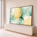 Quadro Decorativo Grande Folhas Tropicais para Sala Amarelo | quadros decorativos para sala | folhas tropicais em aquarela dourada e verde com nervuras finas sobre fundo branco | em Quadros para Sala | Porao dos Quadros