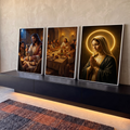 Quadro Decorativo Kit 3 Telas Última Ceia para Sala Marrom | quadros decorativos para sala | Última Ceia com Jesus e apóstolos ao lado de Nossa Senhora em oração com halo dourado | em Quadros para Sala | Porao dos Quadros