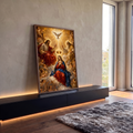 Quadro Decorativo Grande Coroação de Nossa Senhora para Sala | quadros decorativos para sala | coroação de Nossa Senhora por Jesus e Deus Pai com pomba e anjos em luz dourada | em Quadros para Sala | Porao dos Quadros