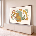 Quadro Decorativo Grande Leão Sentado para Sala Amarelo | quadros decorativos para sala | leão sentado de perfil em recorte de papel com arcos, sóis e folhas coloridas | em Quadros para Sala | Porao dos Quadros