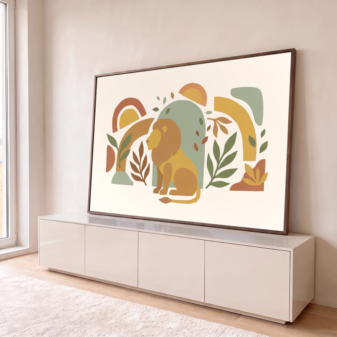 Quadro Decorativo Grande Leão Sentado para Sala Amarelo | quadros decorativos para sala | leão sentado de perfil em recorte de papel com arcos, sóis e folhas coloridas | em Quadros para Sala | Porao dos Quadros