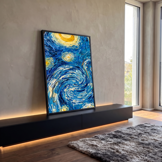 Quadro Decorativo Grande Redemoinho e Estrelas para Sala | quadros decorativos para sala | detalhe de pintura com redemoinhos azuis e espirais douradas em textura grossa | em Quadros para Sala | Porao dos Quadros