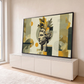 Quadro Decorativo Grande Busto Escultura para Sala Dourado | quadros decorativos para sala | busto clássico em perfil com coroa de folhas douradas sobre fundo abstrato geométrico | em Quadros para Sala | Porao dos Quadros