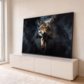 Quadro Decorativo Grande Lobo de Terno para Sala Preto | quadros decorativos para sala | cabeça de lobo realista em corpo humano de terno preto com fumaça ao redor | em Quadros para Sala | Porao dos Quadros
