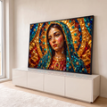 Quadro Decorativo Grande Nossa Senhora Cristais para Sala | quadros decorativos para sala | Nossa Senhora em mosaico de cristais dourados, azuis e vermelhos com halo de estrelas | em Quadros para Sala | Porao dos Quadros