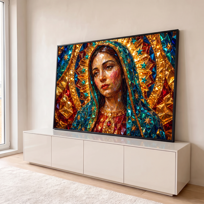 Quadro Decorativo Grande Nossa Senhora Cristais para Sala | quadros decorativos para sala | Nossa Senhora em mosaico de cristais dourados, azuis e vermelhos com halo de estrelas | em Quadros para Sala | Porao dos Quadros