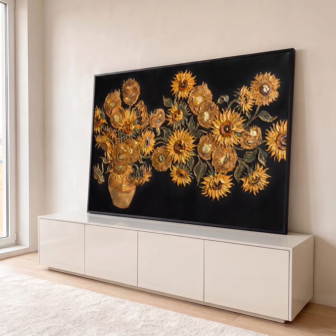 Quadro Decorativo Grande Girassóis Dourados para Sala Preto | quadros decorativos para sala | girassóis dourados em relevo texturizado sobre fundo preto em vaso de cerâmica | em Quadros para Sala | Porao dos Quadros
