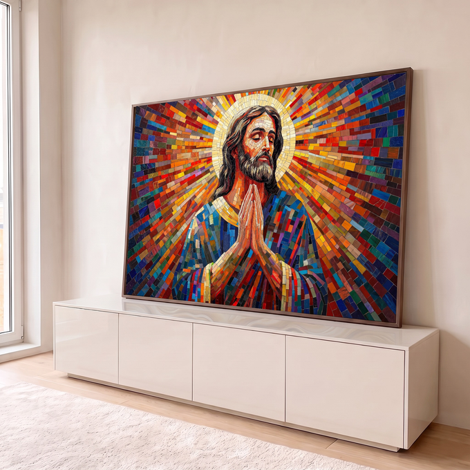 Quadro Decorativo Grande Jesus em Oração para Sala Vermelho | quadros decorativos para sala | Jesus Cristo orando em estilo mosaico com auréola dourada e fundo colorido vibrante | em Quadros para Sala | Porao dos Quadros