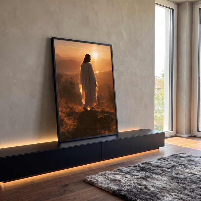 Quadro Decorativo Jesus Cristo Contemplando o Pôr do Sol | quadros decorativos para sala | Jesus de manto branco caminha em colina ao pôr do sol dourado | em Quadros para Sala | Porao dos Quadros