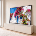 Quadro Decorativo Grande Casa Branca para Sala Branco | quadros decorativos para sala | casa branca mediterrânea com porta azul e flores rosa de buganvília sob céu azul | em Quadros para Sala | Porao dos Quadros