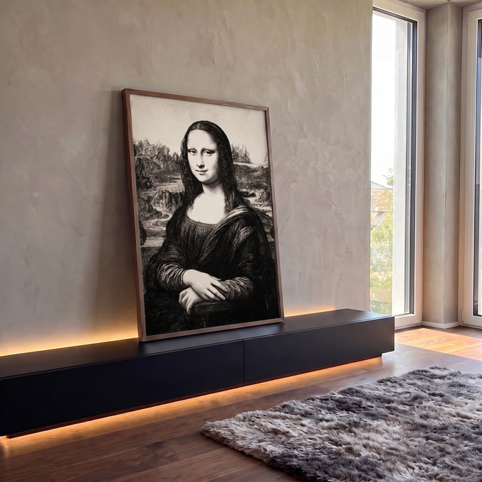 Quadro Decorativo Grande Mona Lisa Gravura para Sala Preto | quadros decorativos para sala | Mona Lisa em gravura preto e branco com paisagem rochosa ao fundo | em Quadros para Sala | Porao dos Quadros