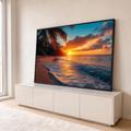 Quadro Decorativo Grande Pôr do Sol Praia para Sala Laranja | quadros decorativos para sala | pôr do sol dourado na praia com palmeiras e ondas suaves na areia | em Quadros para Sala | Porao dos Quadros