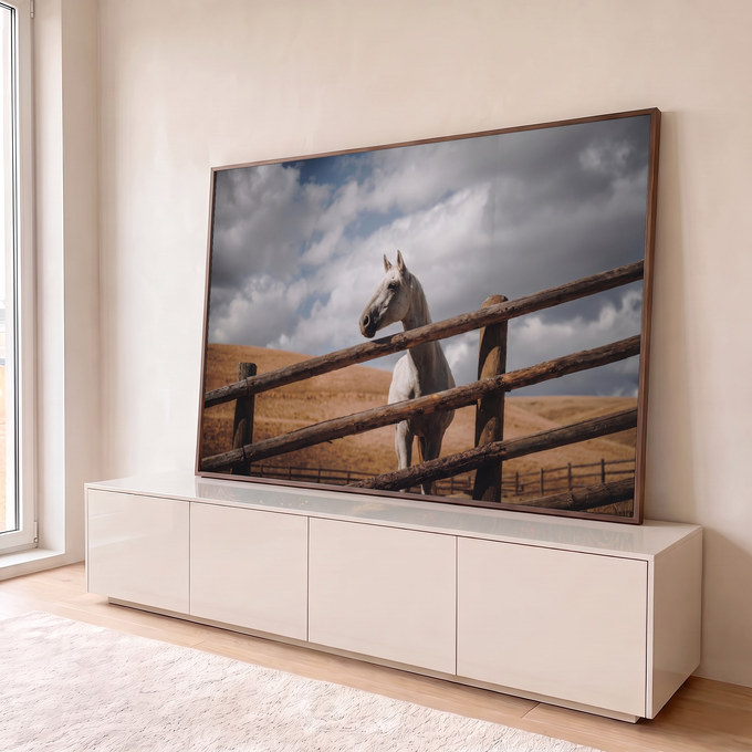 Cavalo branco atrás de cerca de madeira rústica, colinas secas e céu nublado ao fundo, quadro decorativo