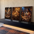 Quadro Decorativo Kit 3 Telas Última Ceia de Jesus para Sala | quadros decorativos para sala | cena da Última Ceia com Jesus e apóstolos à mesa, velas e cálice dourado | em Quadros para Sala | Porao dos Quadros