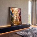 Quadro Decorativo Grande Jesus Coroado para Sala Dourado | quadros decorativos para sala | Jesus ajoelhado sendo coroado por Deus, cercado de anjos alados coloridos e luz dourada | em Quadros para Sala | Porao dos Quadros