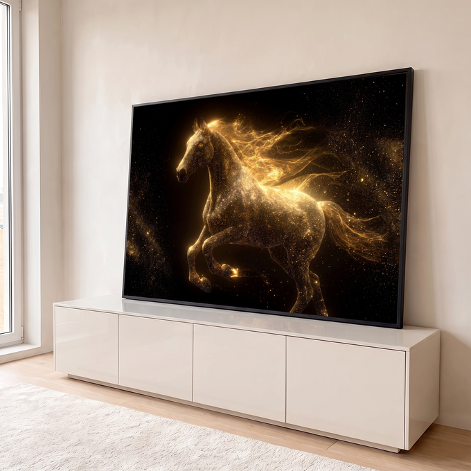 Cavalo formado por poeira estelar dourada galopando sobre fundo preto com estrelas, quadro decorativo