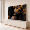 Quadro Decorativo Grande Rosto Rachaduras Douradas para Sala | quadros decorativos para sala | rosto feminino em perfil com rachaduras douradas e borboletas sobre fundo preto | em Quadros para Sala | Porao dos Quadros