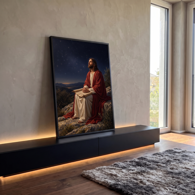 Quadro Decorativo Grande Jesus Contemplando para Sala | quadros decorativos para sala | Jesus sentado numa rocha com manto vermelho olhando para o céu estrelado | em Quadros para Sala | Porao dos Quadros