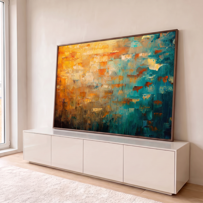Quadro Decorativo Grande Abstrato e Azul para Sala Dourado | quadros decorativos para sala | pintura abstrata texturizada com metade dourada e metade azul petróleo | em Quadros para Sala | Porao dos Quadros