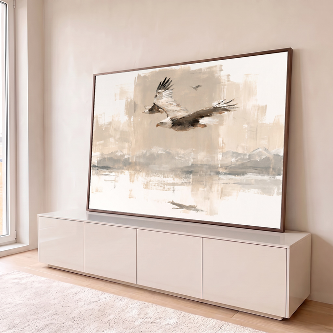 Quadro Decorativo Grande Águia Americana para Sala Marrom | quadros decorativos para sala | águia-de-cabeça-branca voando com asas abertas em pinceladas marrom e bege | em Quadros para Sala | Porao dos Quadros