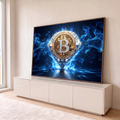 Quadro Decorativo Grande Moeda Diamante para Escritório Azul | quadros decorativos para sala | moeda de Bitcoin dourada com diamantes dentro de uma gema cercada por chamas azuis | em Quadros para Escritório | Porao dos Quadros