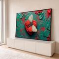 Quadro Decorativo Grande Borboleta Branca para Sala Verde | quadros decorativos para sala | borboleta branca pousada sobre coração vermelho texturizado em fundo verde craquelado | em Quadros para Sala | Porao dos Quadros