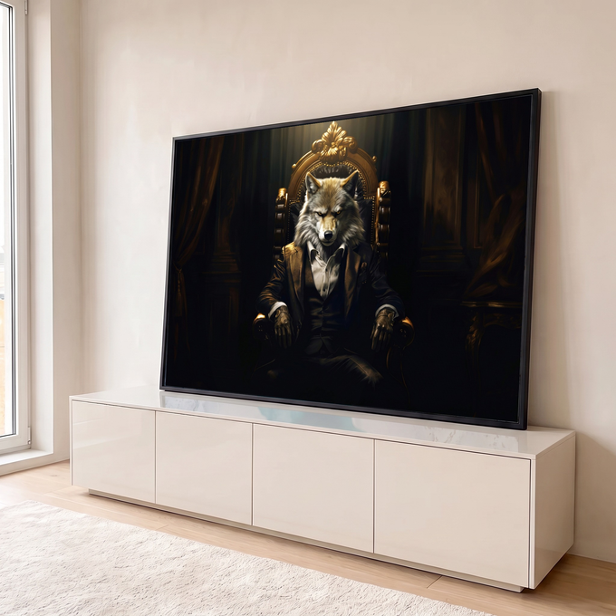 Lobo de terno e luvas de couro sentado em trono dourado ornamentado, fundo escuro com cortinas, quadro decorativo