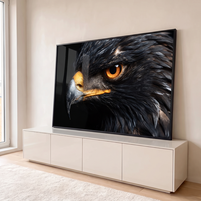 Quadro Decorativo Águia de Olhar Laranja em Fundo Preto | quadros decorativos para sala | close do rosto de uma águia com olho laranja intenso e penas pretas | em Quadros para Sala | Porao dos Quadros