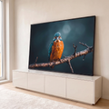 Quadro Decorativo Grande Martim-Pescador e Azul para Sala | quadros decorativos para sala | martim-pescador laranja e azul em galho molhado com fundo escuro desfocado | em Quadros para Sala | Porao dos Quadros