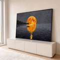 Quadro Decorativo Grande Lua Dourada para Sala Laranja | quadros decorativos para sala | lua cheia laranja refletida no mar com pequeno barco e penhascos ao fundo | em Quadros para Sala | Porao dos Quadros