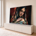 Mulher indiana de véu vermelho bordado, maang tikka e pulseiras douradas em pintura a óleo, quadro decorativo