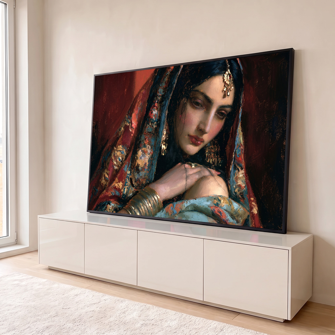 Mulher indiana de véu vermelho bordado, maang tikka e pulseiras douradas em pintura a óleo, quadro decorativo