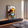 Árvore vermelha e árvore amarela sobre rio turquesa em relevo branco 3D, quadro decorativo