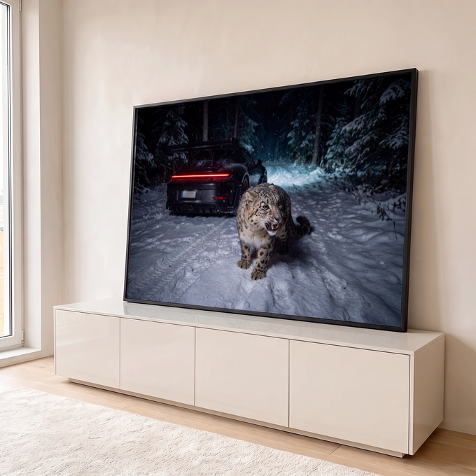 Quadro Decorativo Grande Leopardo das Neves Preto para Sala | quadros decorativos para sala | leopardo das neves caminhando em estrada nevada à noite com carro ao fundo | em Quadros para Sala | Porao dos Quadros