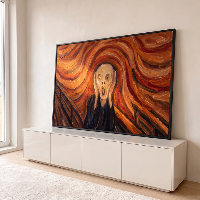 Quadro Decorativo Grande Grito Expressionismo para Sala | quadros decorativos para sala | figura gritando com mãos no rosto sobre fundo de ondas laranja e vermelho | em Quadros para Sala | Porao dos Quadros
