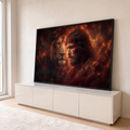 Quadro Decorativo Grande Leão e Jesus Laranja para Sala | quadros decorativos para sala | leão e rosto de Jesus com coroa de espinhos sobre fundo em chamas | em Quadros para Sala | Porao dos Quadros