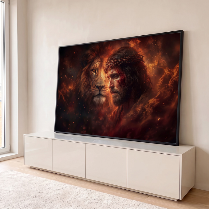 Quadro Decorativo Grande Leão e Jesus Laranja para Sala | quadros decorativos para sala | leão e rosto de Jesus com coroa de espinhos sobre fundo em chamas | em Quadros para Sala | Porao dos Quadros