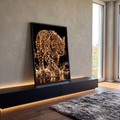 Quadro Decorativo Grande Leopardo com Joias para Sala Preto | quadros decorativos para sala | leopardo caminhando na água com cristais dourados sobre o pelo em fundo preto | em Quadros para Sala | Porao dos Quadros
