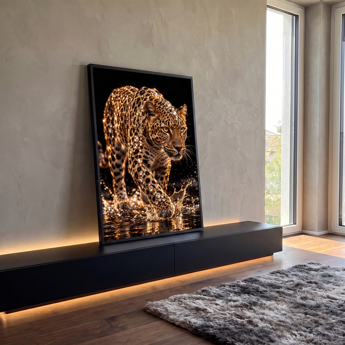 Quadro Decorativo Grande Leopardo com Joias para Sala Preto | quadros decorativos para sala | leopardo caminhando na água com cristais dourados sobre o pelo em fundo preto | em Quadros para Sala | Porao dos Quadros