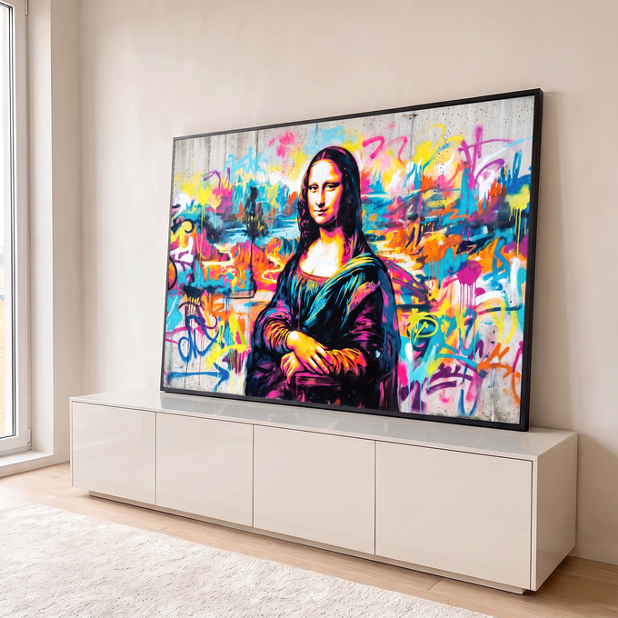 Quadro Decorativo Grande Mona Lisa em Grafite para Sala Rosa | quadros decorativos para sala | retrato da Mona Lisa em estilo grafite pop art com fundo colorido de respingos | em Quadros para Sala | Porao dos Quadros