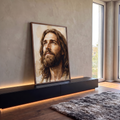 Quadro Decorativo Grande Jesus Aquarela para Sala Marrom | quadros decorativos para sala | retrato em aquarela de Jesus Cristo com barba olhando para cima em tons sépia | em Quadros para Sala | Porao dos Quadros