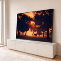 Elefante e gazela em silhueta entre árvores com sol laranja atravessando a mata, quadro decorativo