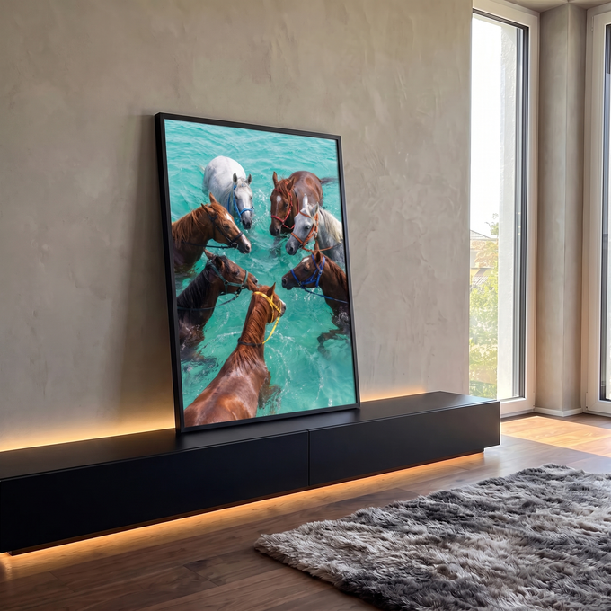 Sete cavalos no mar turquesa vistos de cima, com cabrestos coloridos, quadro decorativo