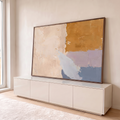 Quadro Decorativo Grande Abstrato em Dourado para Sala Bege | quadros decorativos para sala | pintura abstrata com blocos de bege, dourado, lavanda e azul em textura espessa | em Quadros para Sala | Porao dos Quadros