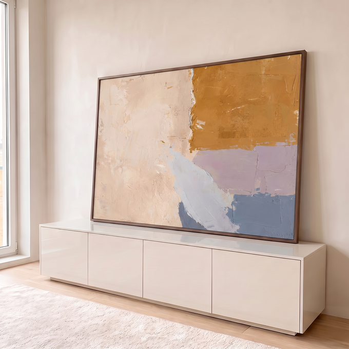 Quadro Decorativo Grande Abstrato em Dourado para Sala Bege | quadros decorativos para sala | pintura abstrata com blocos de bege, dourado, lavanda e azul em textura espessa | em Quadros para Sala | Porao dos Quadros