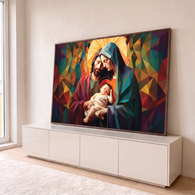 Quadro Decorativo Grande Sagrada Família Dourado para Sala | quadros decorativos para sala | homem e mulher com véu abraçam bebê adormecido com auréola em mosaico geométrico colorido | em Quadros para Sala | Porao dos Quadros