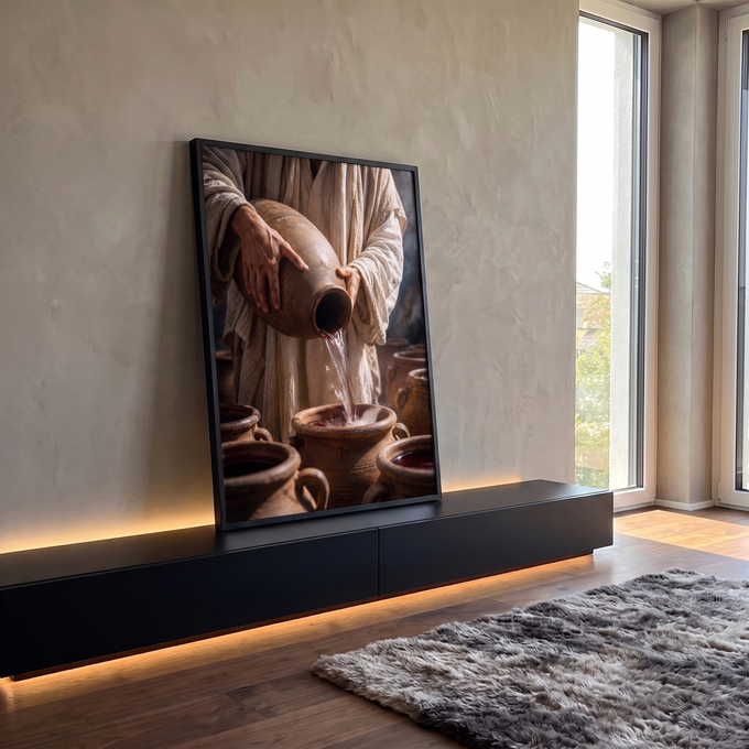 Quadro Decorativo Grande Água Virando Vinho para Sala Marrom | quadros decorativos para sala | mãos despejando água que vira vinho em jarra de barro, cena bíblica | em Quadros para Sala | Porao dos Quadros